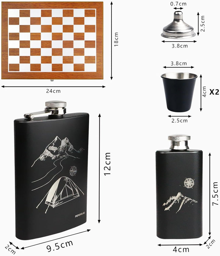 Flachmann Set 260ML mit Schachspiel, Edelstahl Whisky Topf Mini Schnapsflasche Upscale Tragbar Alkoh
