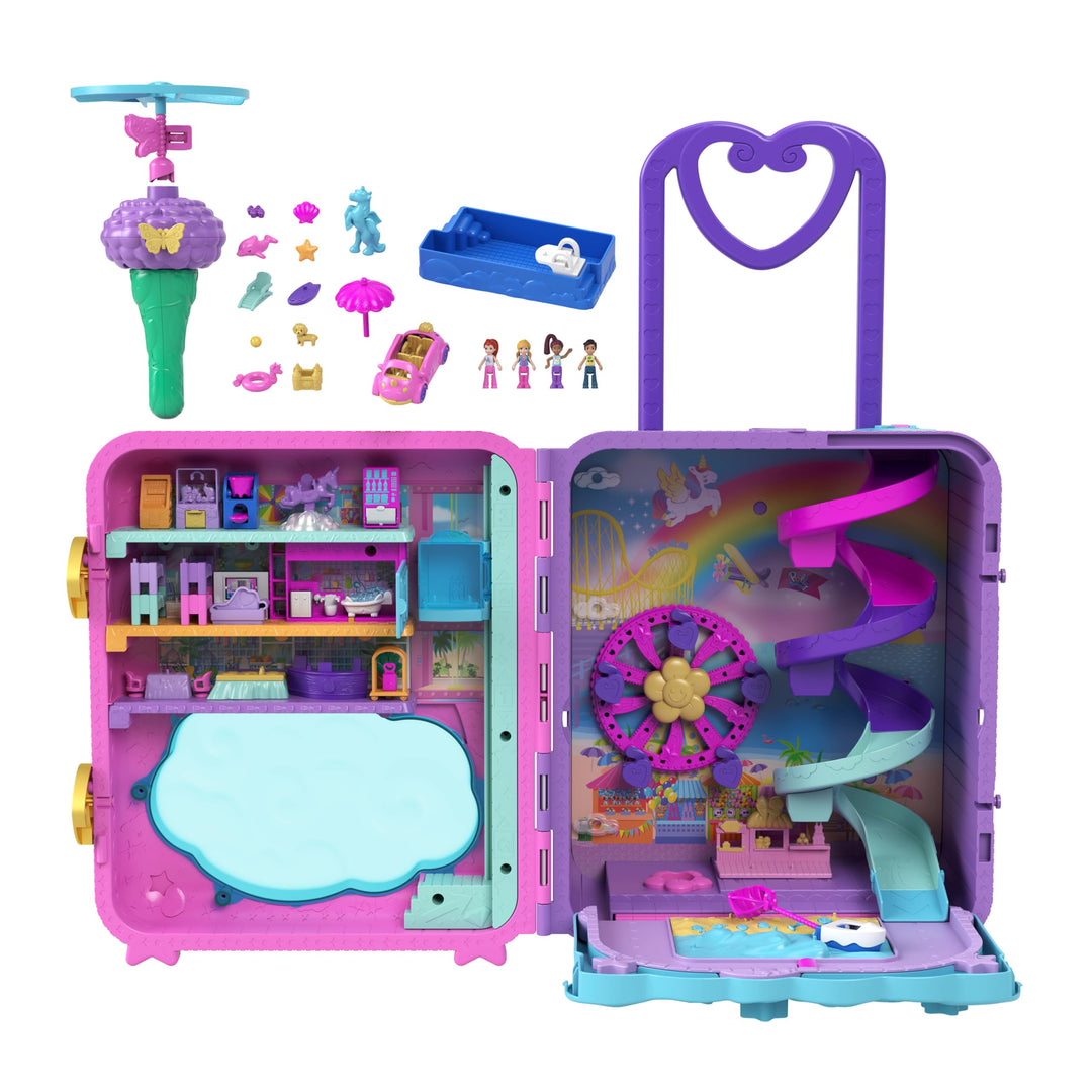 Polly Pocket Pollyville Urlaub im Rollkoffer - 4 Puppen, 1 Fahrzeug, 25+ Zubehörteile, Strand, Prome