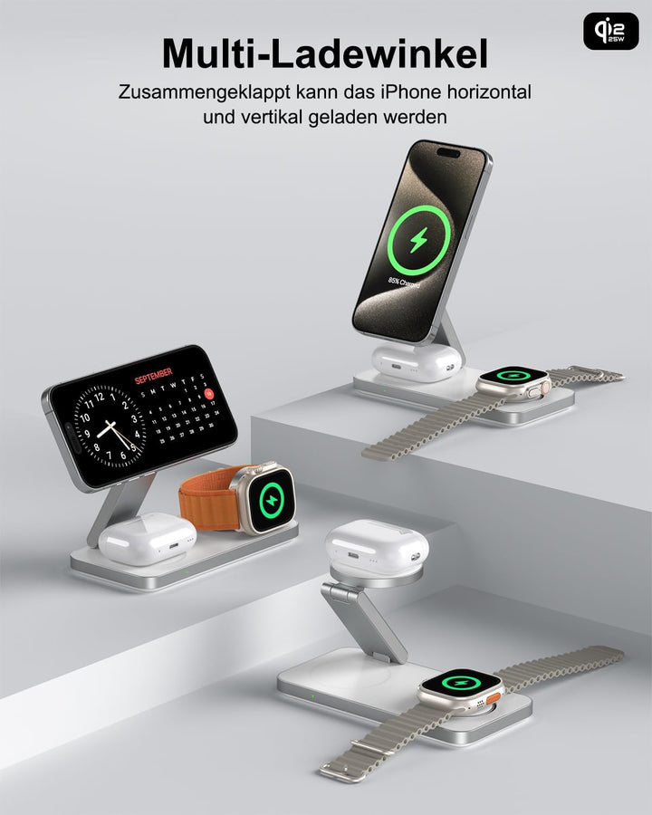 25W kabelloses Ladegerät mit Mag-Safe, Faltbare 3-in-1 Ladestation für iPhone 17e/17/16/15/14/13/12/