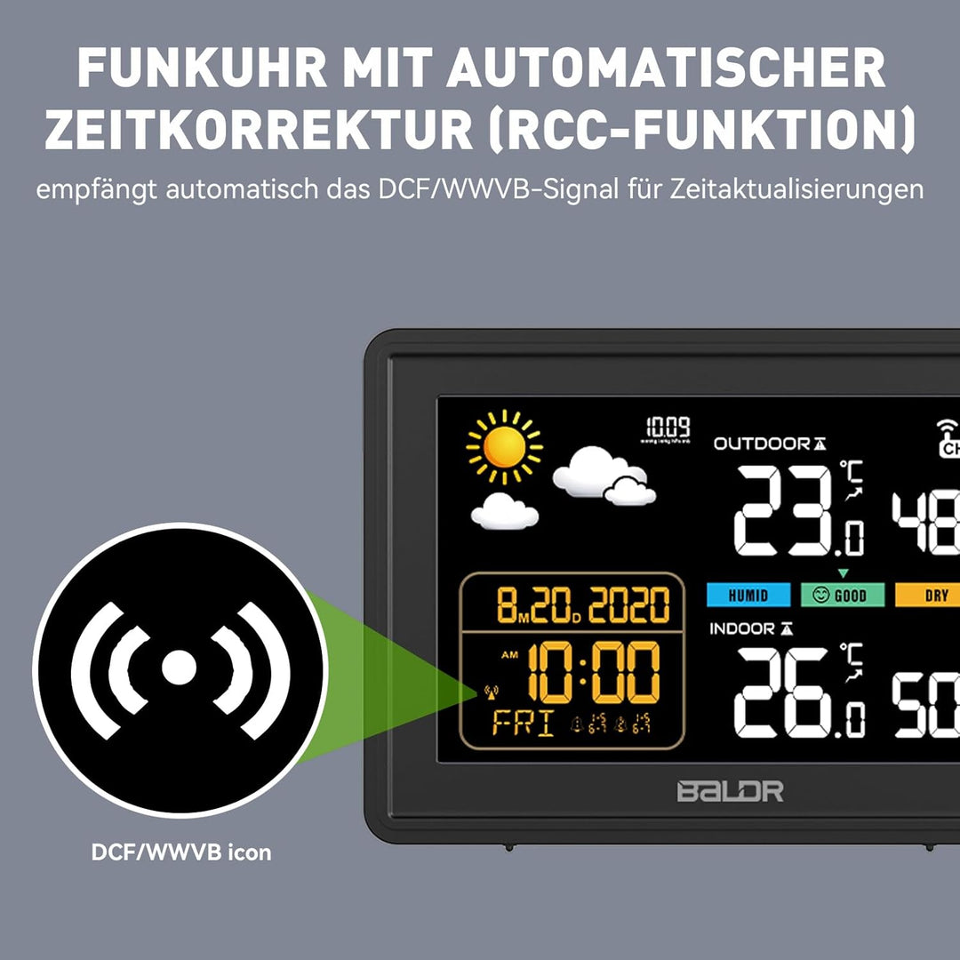 Konsen Wetterstation funk mit Aussensensor DCF Funkuhr, Farbdisplay mit grossen Zahlen von Innen und