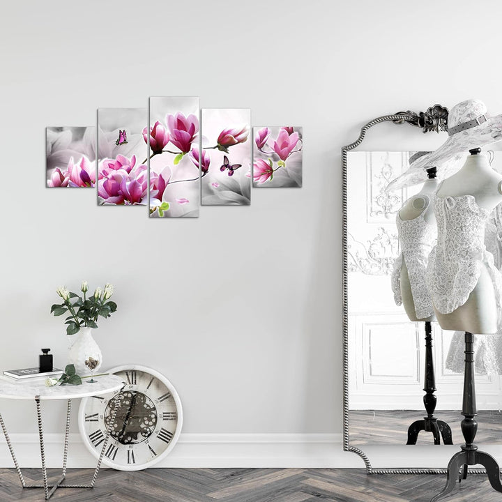 Runa Art Wandbilder Blumen Magnolien 5 Teilig Bild auf Vlies Leinwand Deko Wohnzimmer Schmetterling
