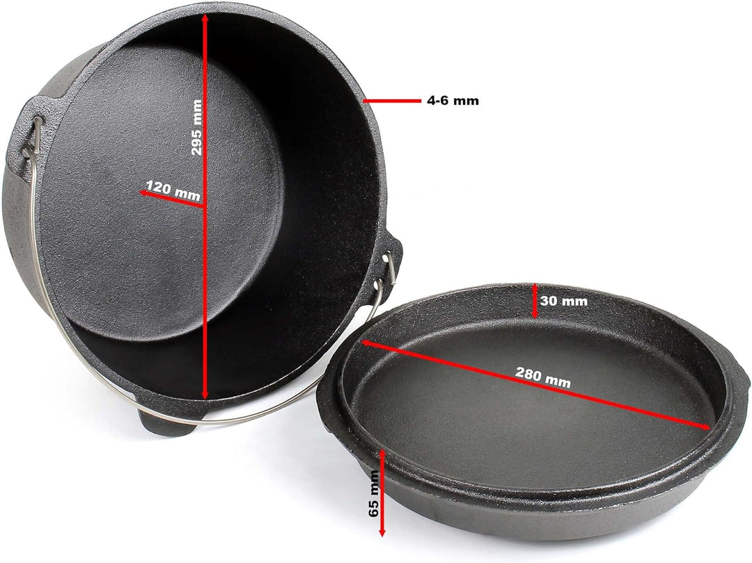 Dutch Oven 9l mit Untersetzer und Deckelheber, Kochtopf aus Gusseisen für Lagerfeuer und Camping