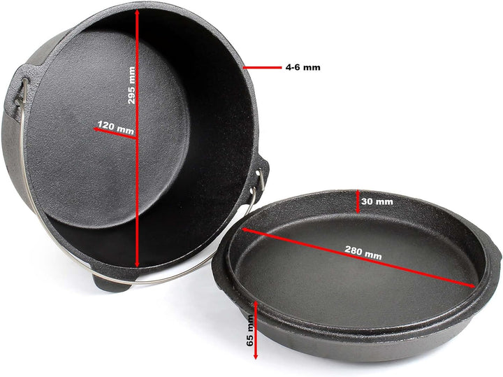 Dutch Oven 9l mit Untersetzer und Deckelheber, Kochtopf aus Gusseisen für Lagerfeuer und Camping