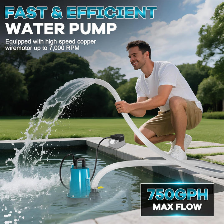 Akku Tauchpumpe Wasserpumpen mit 21V 2000 mAh, Klarwasserpumpe Tauchwasserpumpe mit Sicherheitsdecke