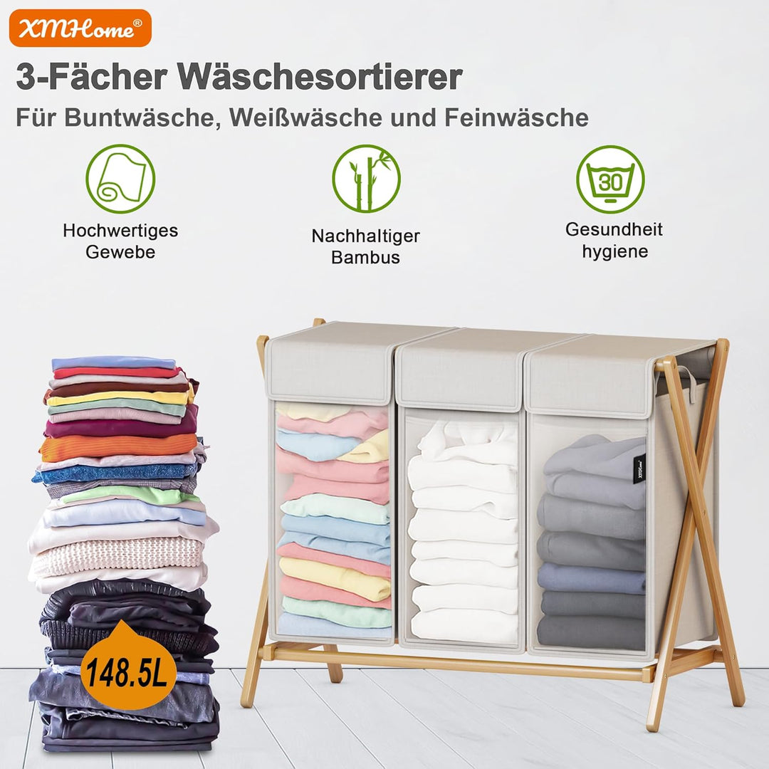 Faltbarer Wäschekorb 148L mit 3 Fächern,Bambus Wäschesammler,X-förmiges Wäsche Sortiersystem mit Dec
