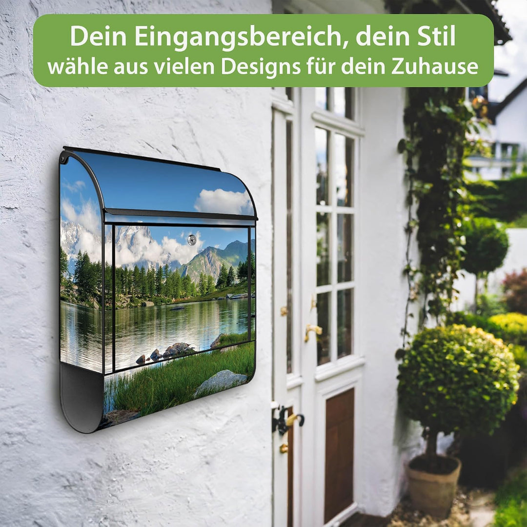 banjado® Design Briefkasten mit Motiv Gebirgssee 39x47x14cm &amp; 2 Schlüssel - Briefkasten Stahl schwar