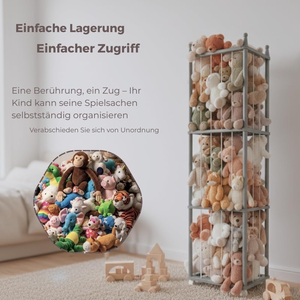 Holz-Stofftier-Aufbewahrungsständer mit Rädern, Hoher Spielzeugorganizer für Kinderzimmer, mit wasse