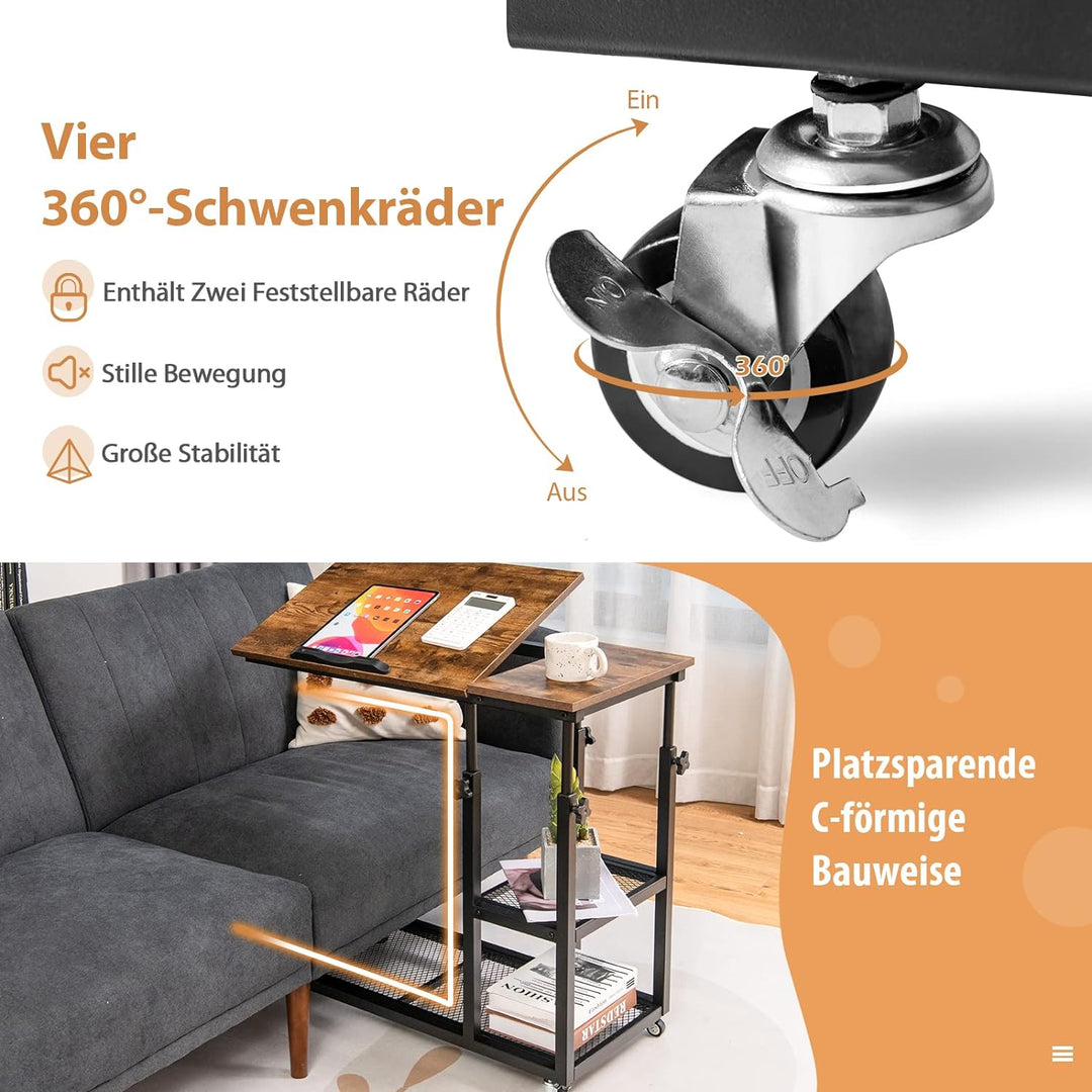 COSTWAY Laptoptisch mit höhen- und neigungsverstellbar, 3 Ebenen Beistelltisch Vintage, C-förmiger S