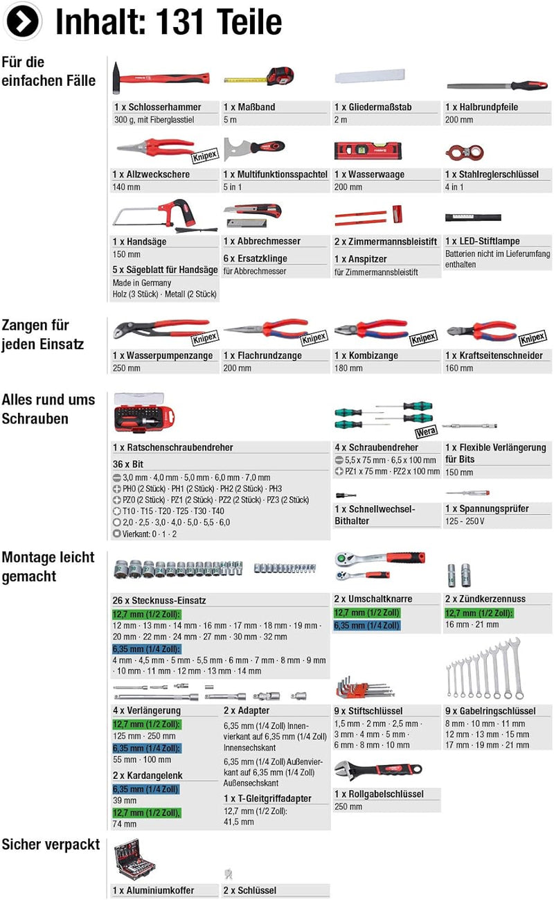 Meister Werkzeugkoffer 131-teilig - Mit Qualitätswerkzeug von Knipex & Wera - Stabiler Alu-Koffer /