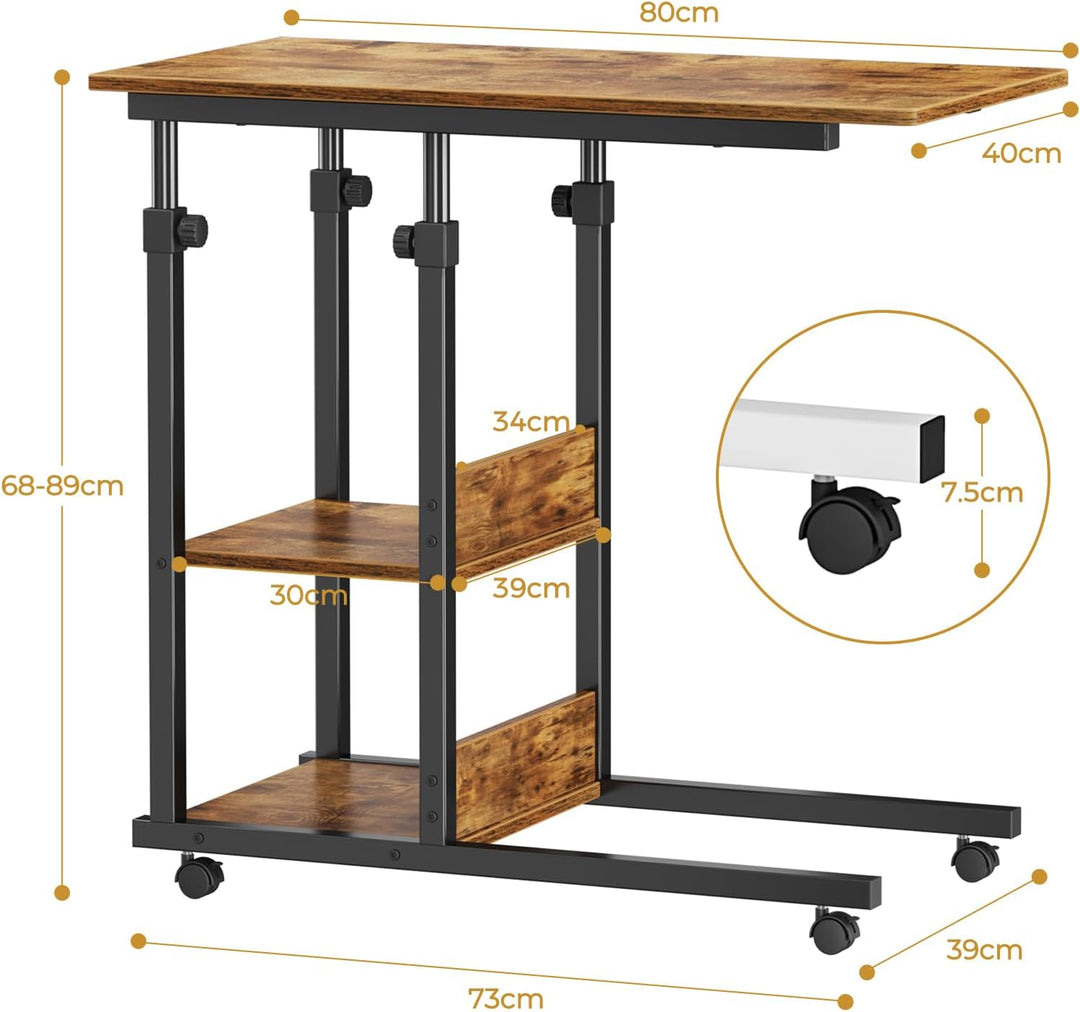 Dripex Schreibtisch Beistelltisch mit Rollen Laptoptisch Höhenverstellbar, aus Holz, Sofatisch Nacht