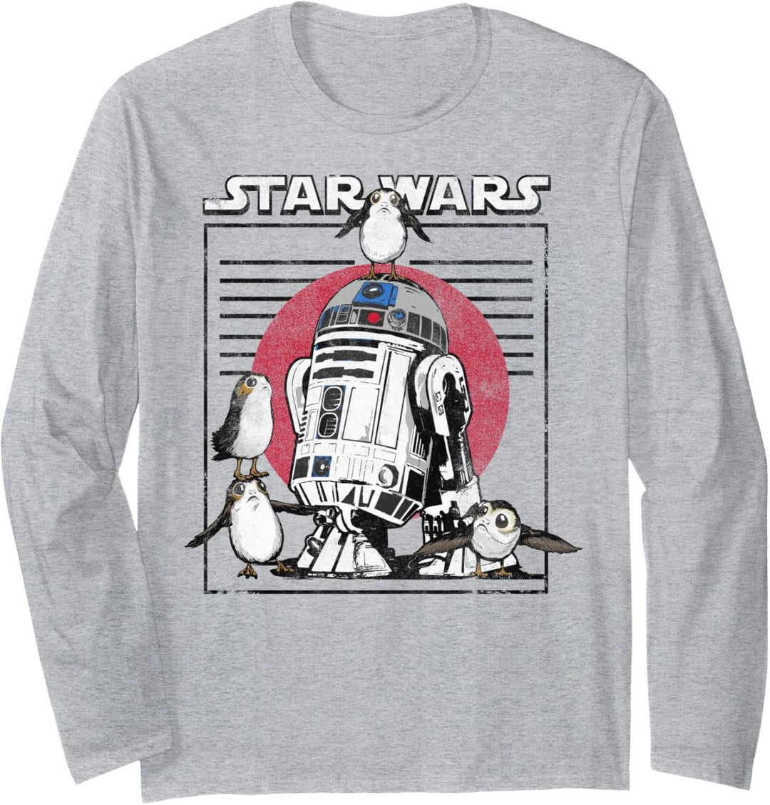 Star Wars The Last Jedi R2-D2 And Porgs Striped Poster Langarmshirt