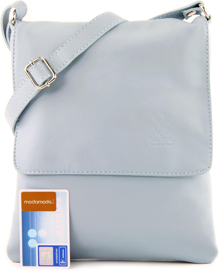 modamoda de - T33 - ital Umhängetasche Schultertasche aus Nappaleder Eisblau2021, Eisblau2021