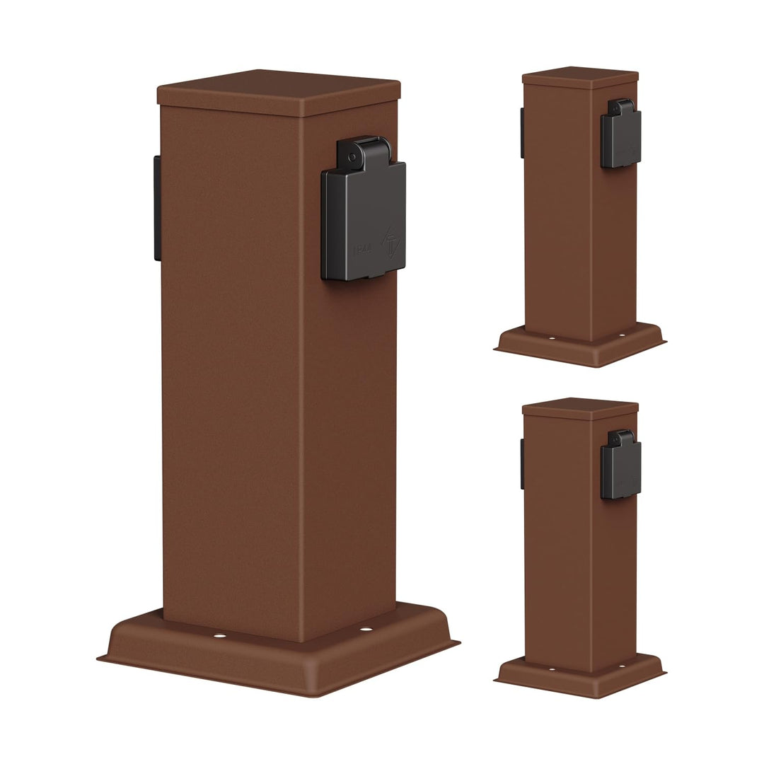 ledscom.de Garten Steckdosensäule POLLY, Outdoor, IP44, 2-fach, braun, eckig, 27 cm, 3 Stk. 3 Stück