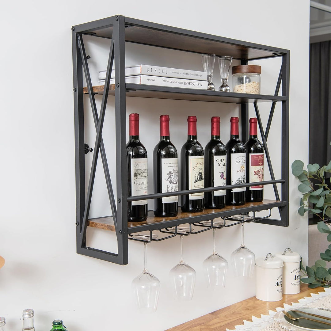 COSTWAY 3 Ebenen Weinregal Wand, Flaschenregal Holz mit Metallrahmen, mit 4 Reihen Weingläserhalter,