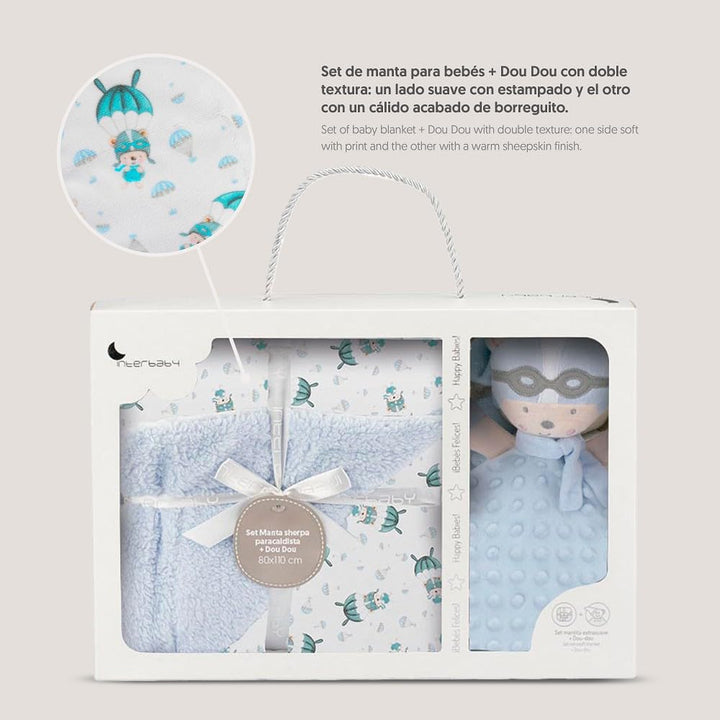 Baby-Geschenkset: Blauer Decke "Paracaidista" mit doudou