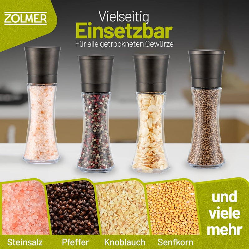 ZOLMER® Gewürzmühlen 2er Set mit verstellbarem Keramikmahlwerk – Edle Salzmühle & Pfeffermühle aus h