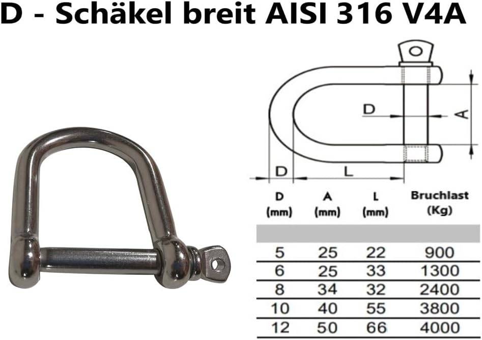 5mm 10 Stück Edelstahl D Schäkel extra breit für Ketten AISI 316 V4A 5mm 10.0, 5mm 10.0