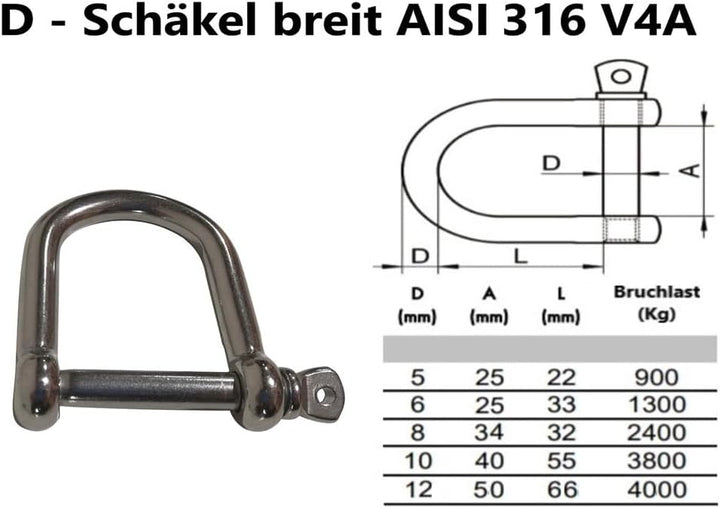 5mm 10 Stück Edelstahl D Schäkel extra breit für Ketten AISI 316 V4A 5mm 10.0, 5mm 10.0