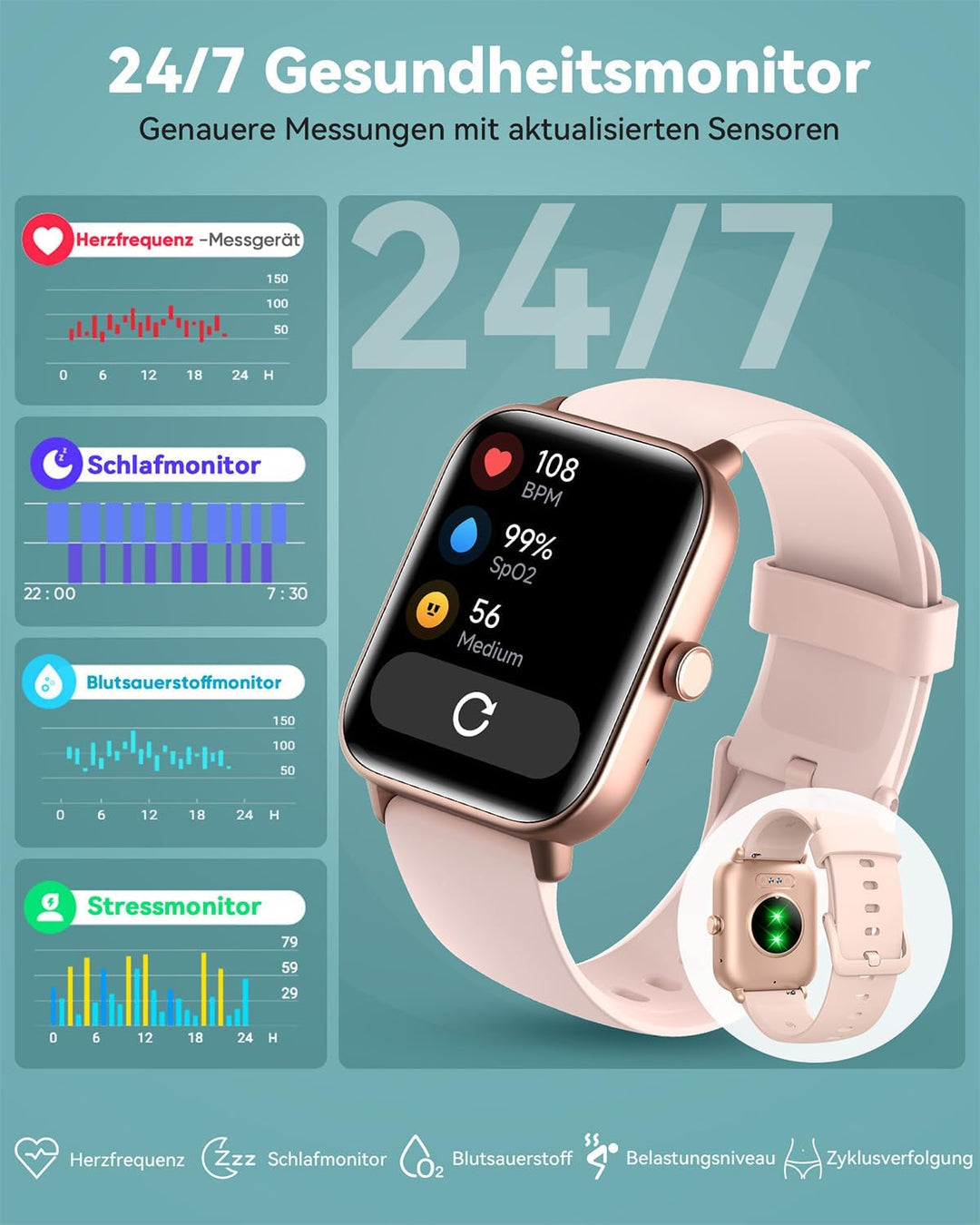 Smartwatch Damen, 1.8" Fitnessuhr Damen mit Telefonfunktion und Alexa Built-in, Herzfrequenz SpO2 St