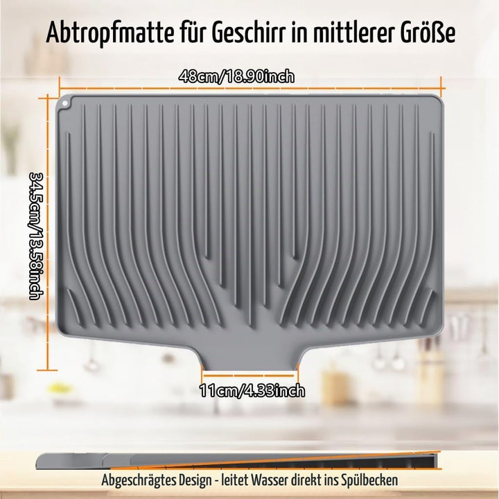 Premium Silikon Geschirr-Trockenmatte mit Gefälle-Design – Rutschfest, Hitzebeständig (bis 230°C), S