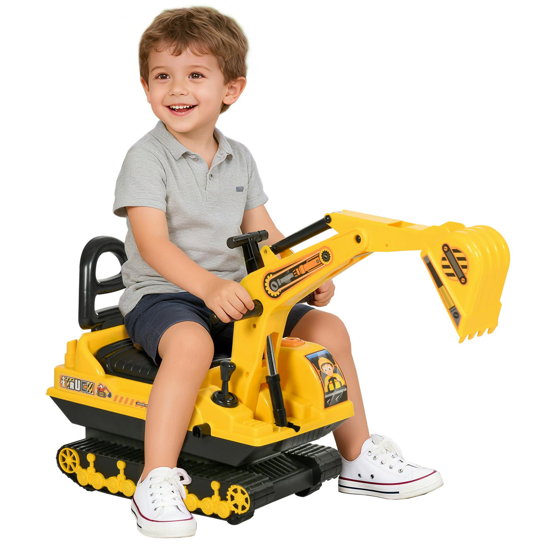 HOMCOM Kinder Sitzbagger Sandbagger für Kinder mit Schaufel, Hupe, Aufsitzbagger mit Stauraum, Rutsc