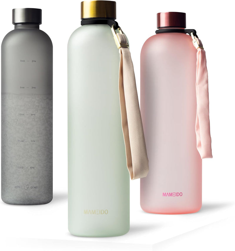 MAMEIDO Trinkflasche 1l & 1,5l Kohlensäure geeignet, auslaufsichere Trinkflasche mit Zeitmarkierung