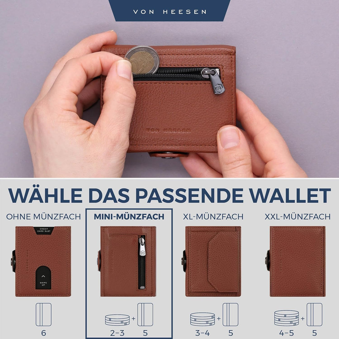 VON HEESEN Slim Wallet mit Münzfach &amp; RFID-Schutz - Leder Geldbeutel - Mini Geldbörse für Herren und