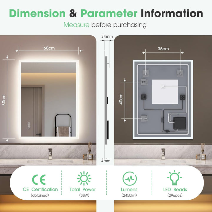 S'bagno Badezimmer-Spiegel-mit-Beleuchtung 80x60cm, LED-Badspiegel-mit-Beleuchtung, Bluetooth, Entfo