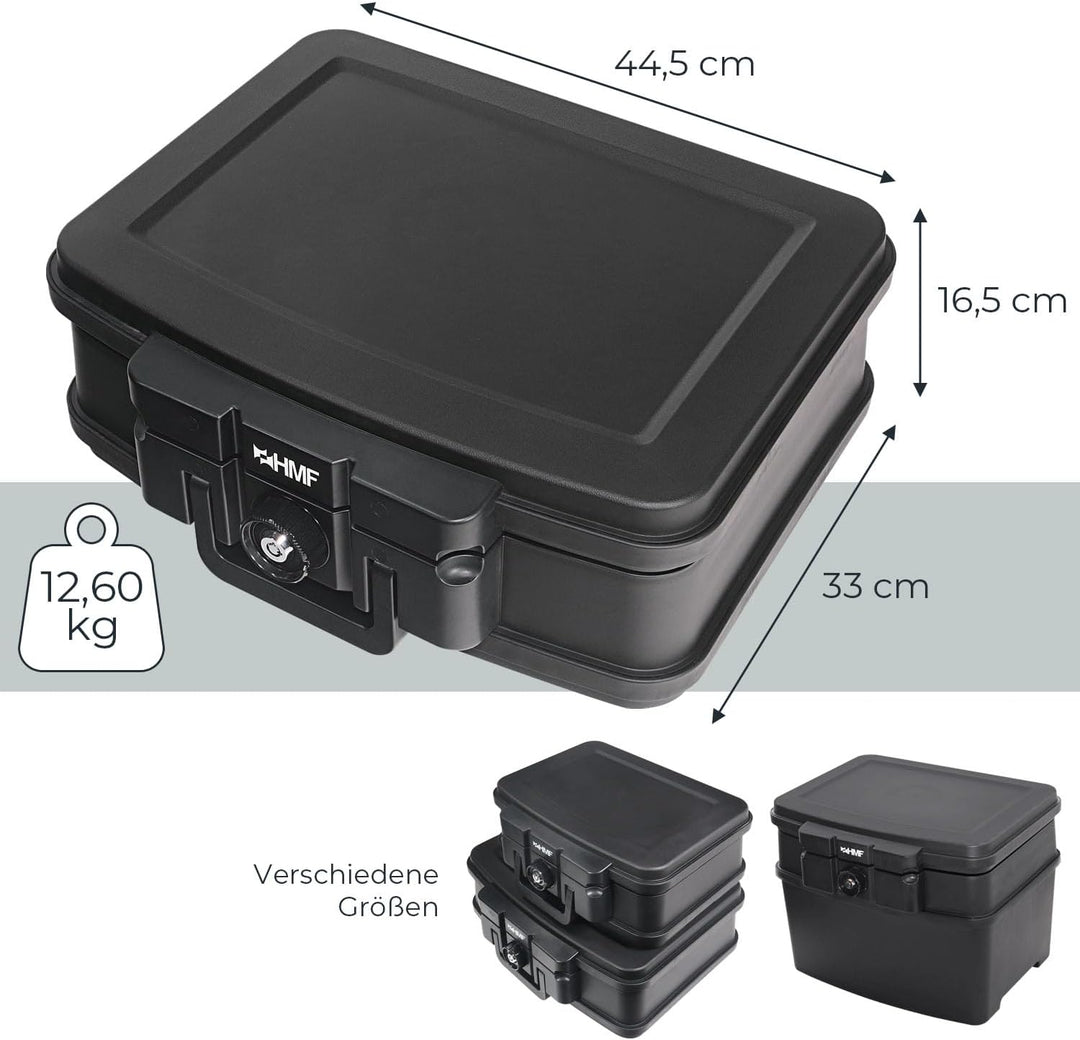 HMF 250452 Feuerfeste Wasserdichte Dokumentenbox | DIN A4 | 44,5 x 16,5 x 33 cm | schwarz