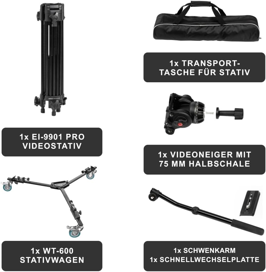 Walimex Pro EI-9901 Video-Pro-Stativ inkl. Stativwagen WT-600 (max. Höhe 138 cm, Videoneiger, Mittel