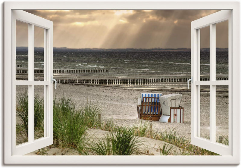 Artland Leinwandbild Wandbild Bild auf Leinwand 70x50 cm Wanddeko Fensterblick Fenster Strand Düne M