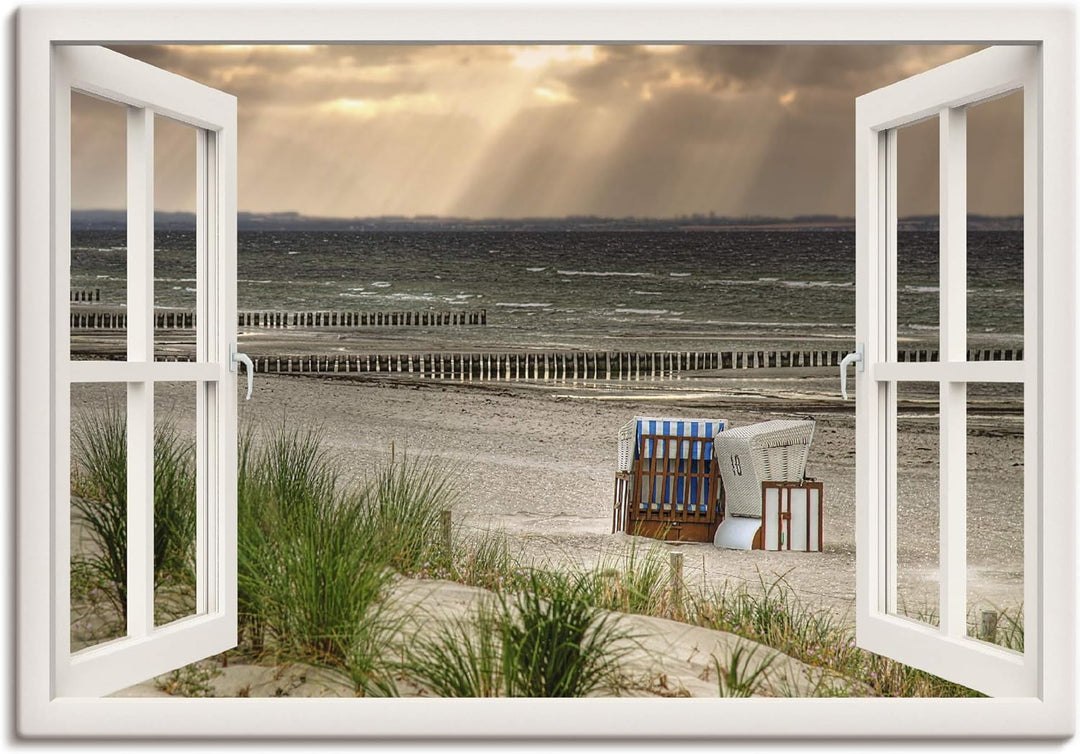 Artland Leinwandbild Wandbild Bild auf Leinwand 100x70 cm Wanddeko Fensterblick Fenster Strand Düne