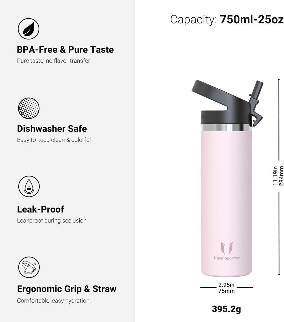 Super Sparrow Trinkflasche Edelstahl 750ml - Breite Öffnung SwivelSip Thermosflasche - BPA-Frei Ther