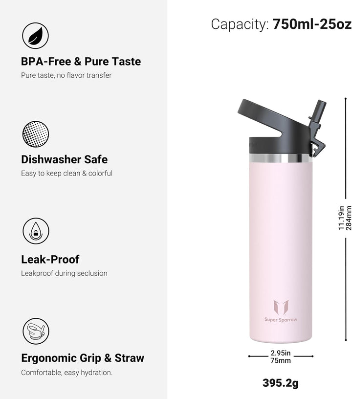 Super Sparrow Trinkflasche Edelstahl 750ml - Breite Öffnung SwivelSip Thermosflasche - BPA-Frei Ther