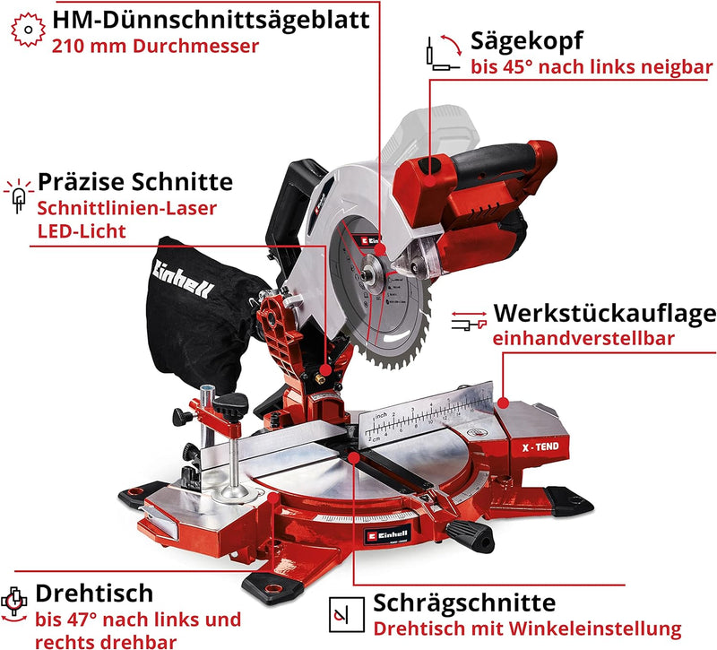 Einhell Akku-Kappsäge TE-MS 18/210 Li-Solo Power X-Change (Li-Ion, 18 V, 3.000 min-1, neigbarer Säge