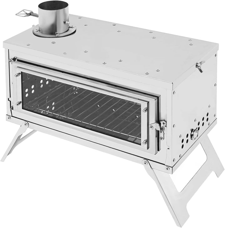 Holzofen 38×29CM Camping-Zeltofen aus Edelstahl Tragbarer Gartenofen mit 8 Schornsteinrohre Faltbare