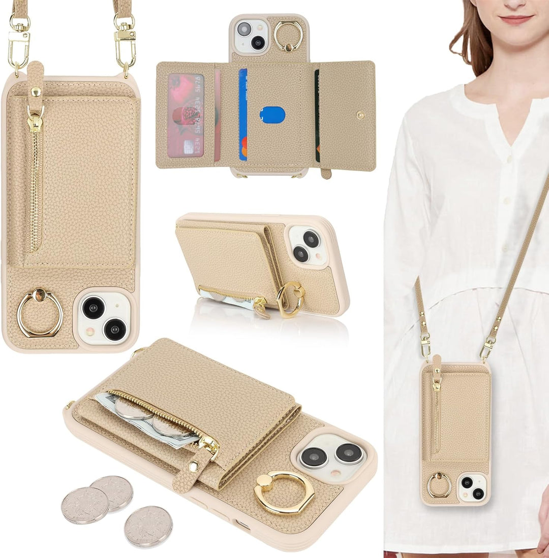 ELTEKER Handyhülle für iPhone 13 Hülle mit Band Kartenfach Ringhalterung Geldbörse,Leder Klapphülle