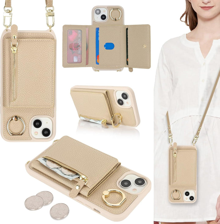 ELTEKER Handyhülle für iPhone 13 Hülle mit Band Kartenfach Ringhalterung Geldbörse,Leder Klapphülle