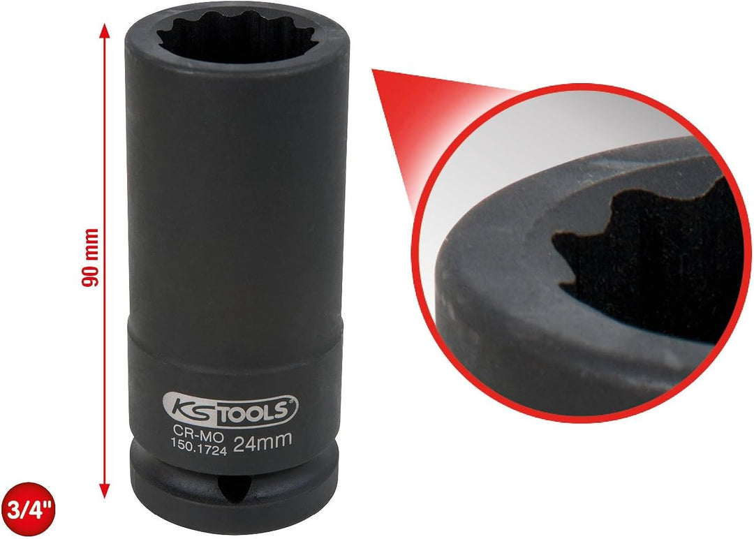 KS Tools 150.1724 3/4" 12-Kant-Antriebswellen-Kraftstecknuss, lang, 24mm