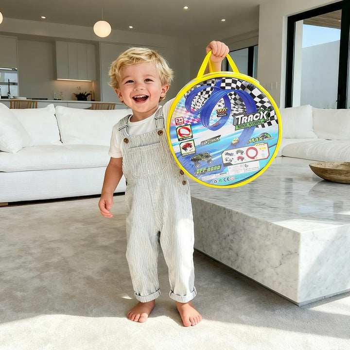 Flexible Autorennbahn mit 4 Autos – 5M Tragbare Rennstrecke & Rampen für Kinder – Auto Rennbahn Spie