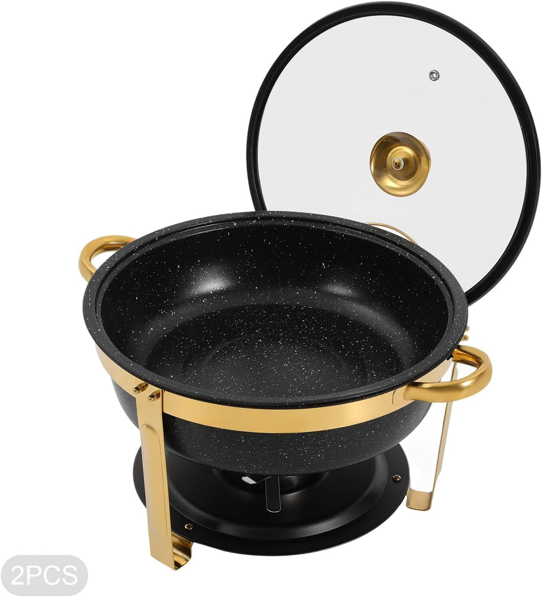 2er Warmhaltebehälter Essen, 5L Rund Edelstahl Chafing Dish Set mit Glasdeckel, Kalt &amp; Heiss Stapelb