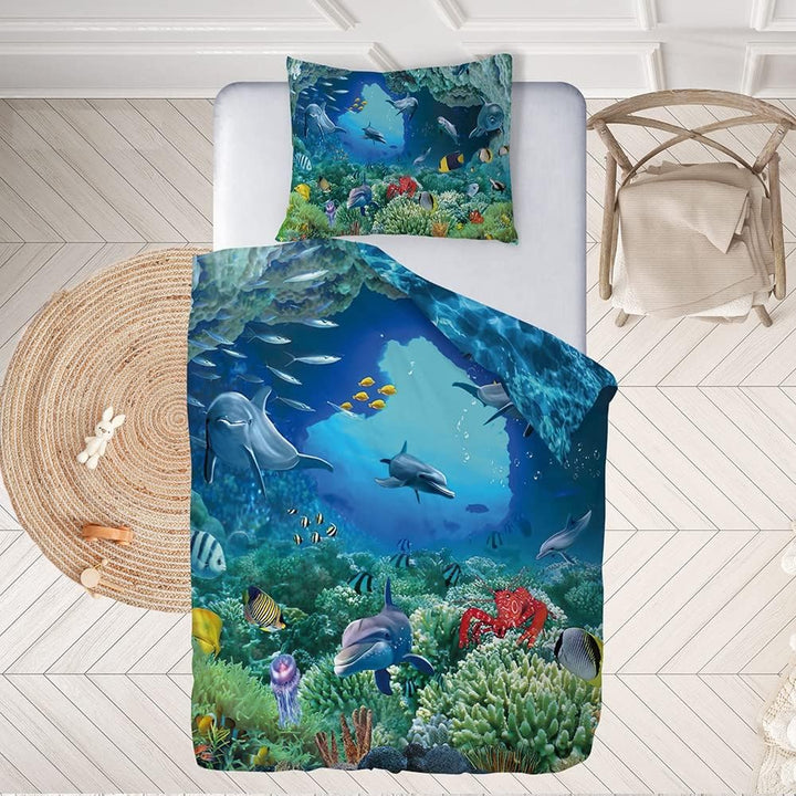 Ulticool – Bettbezug – Bettwäsche Delfin Meer Aquarium Fische Tiere – 140 x 200 cm – Kissenbezug 60