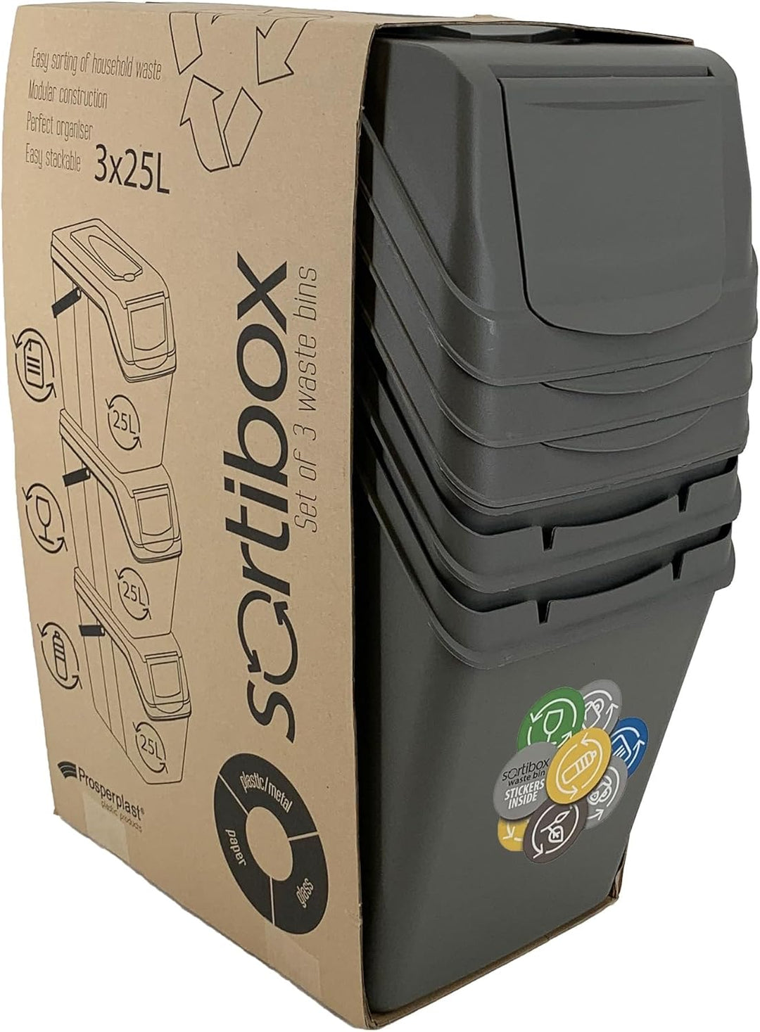 Set de 3 cubos de basura KEDEN SORTIBOX para reciclado, gris, volumen 3x25L
