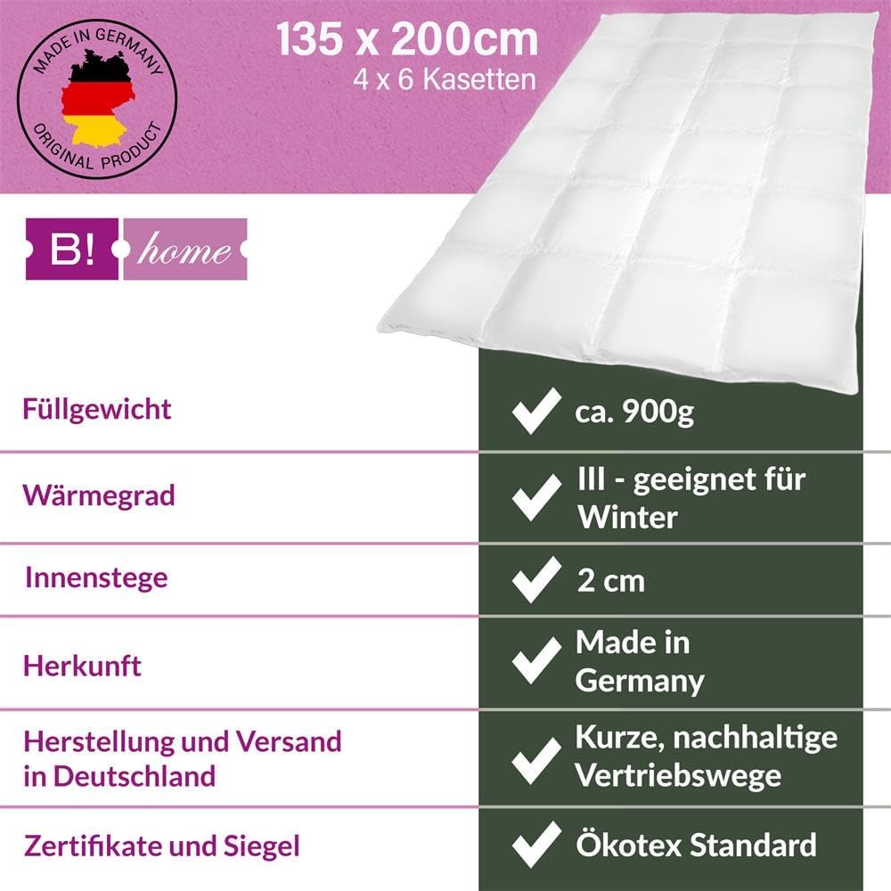 B!HOME Winterdecke 100% Daunen 135x200cm (900g) Kassettenstegbett Bezug 100% Baumwolle Decke Winterb