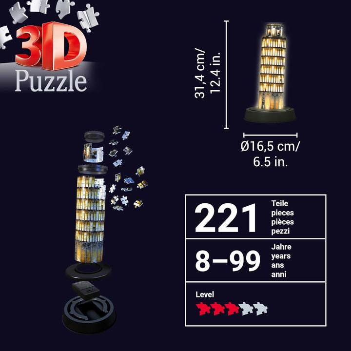 Ravensburger 3D Puzzle Schiefer Turm von Pisa bei Nacht 12515 - leuchtet im Dunkeln - 216 Teile - ab