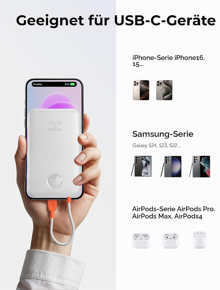 VIYISI Powerbank 10000mAh Ultradünn mit Integriertem USB-C Kabel, Weiss, weiss