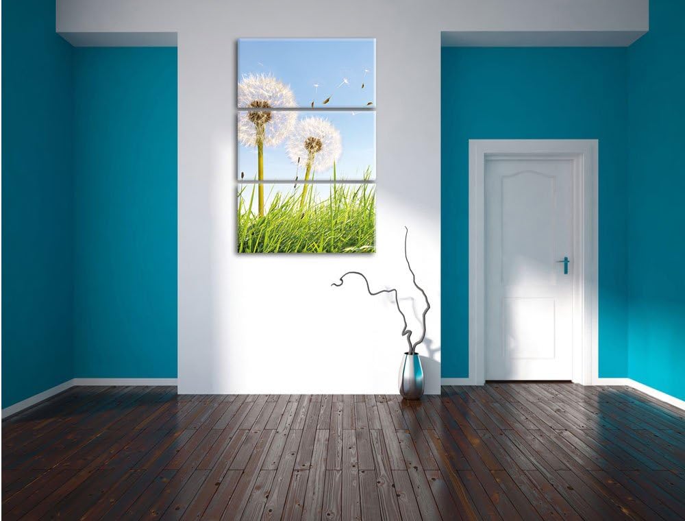 Pixxprint Pusteblumen auf sonniger Frühlingswiese 3-Teiler Leinwandbild 120x80 Bild auf Leinwand
