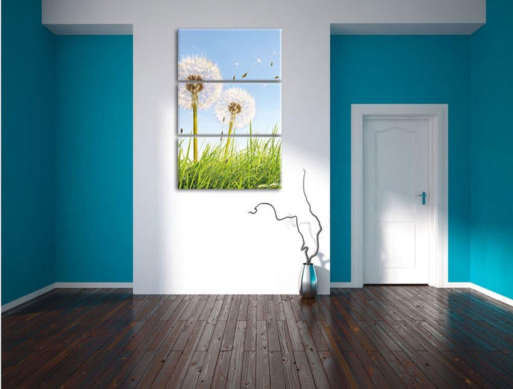 Pixxprint Pusteblumen auf sonniger Frühlingswiese 3-Teiler Leinwandbild 120x80 Bild auf Leinwand
