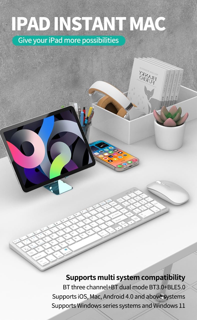 Tastatur Maus Set,Bluetooth5.0/3.0+2,4 GHz USB Dualmodus Leise Kabelloses Slim Wiederaufladbare Funk