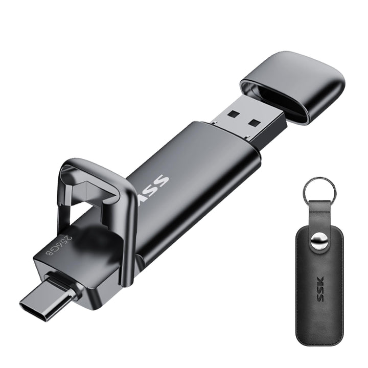 SSK USB C Externe SSD 256GB, mit bis zu 550 MB/s Extreme schneller USB-Stick, Dual-USB Typ C + A USB